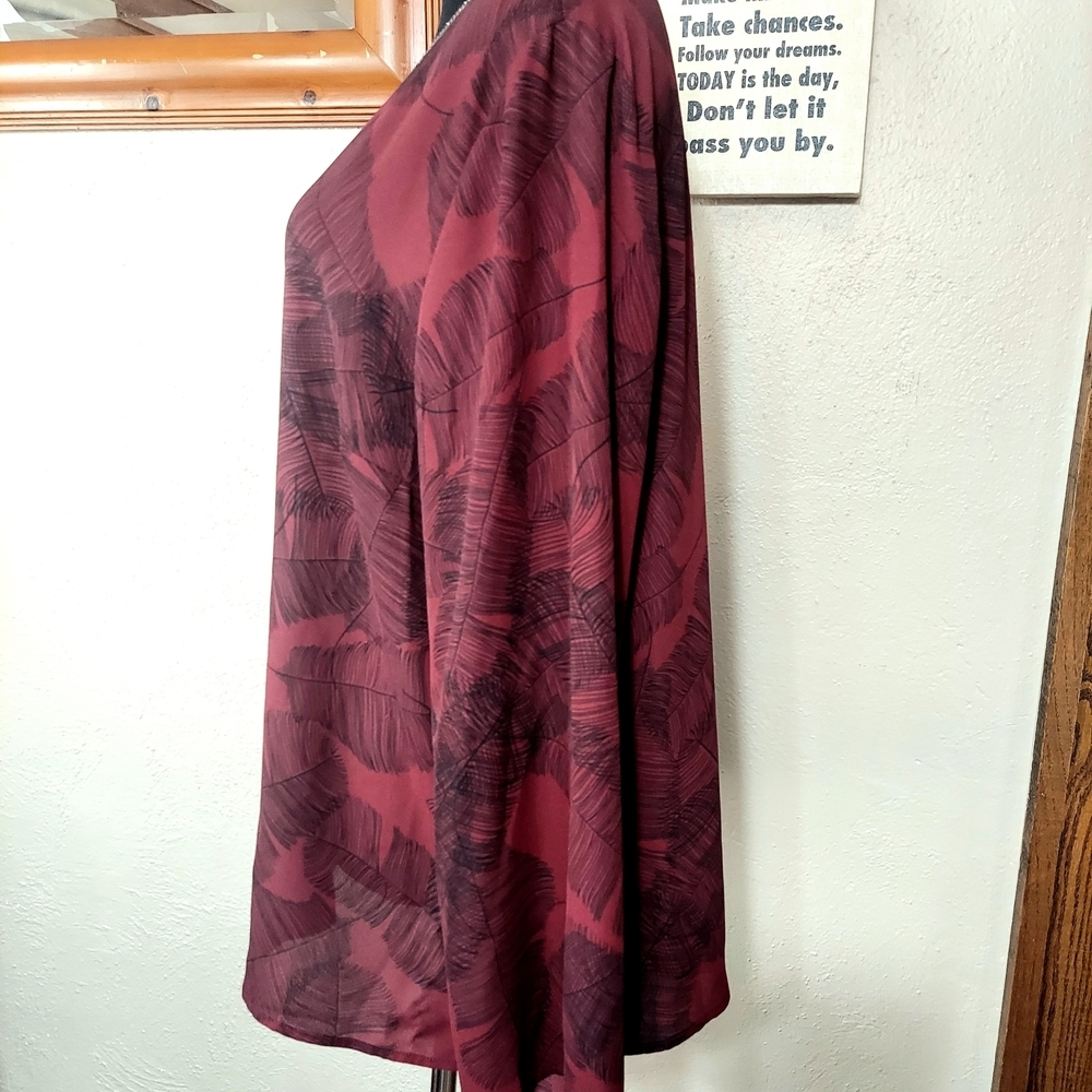 Liz Claiborne Deep Wine Sheer Leaf-Print Open Front Top with Rhinestone Trim XL - Picture 4 of 6